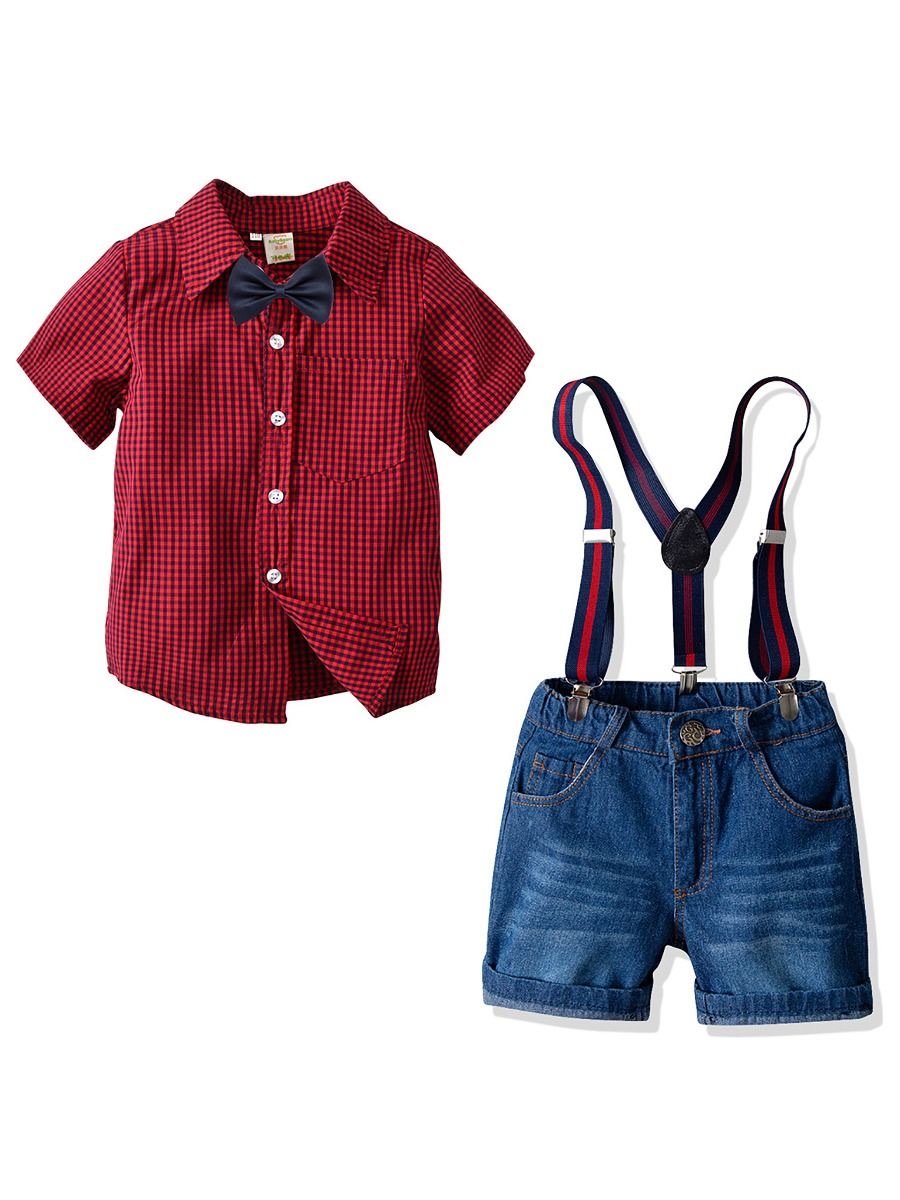 4-Piece British Style Toddler Boy Checked Short-sleeved Shirt With Bowtie & Denim Suspender Pants Set