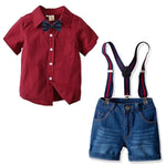 4-Piece British Style Toddler Boy Checked Short-sleeved Shirt With Bowtie & Denim Suspender Pants Set