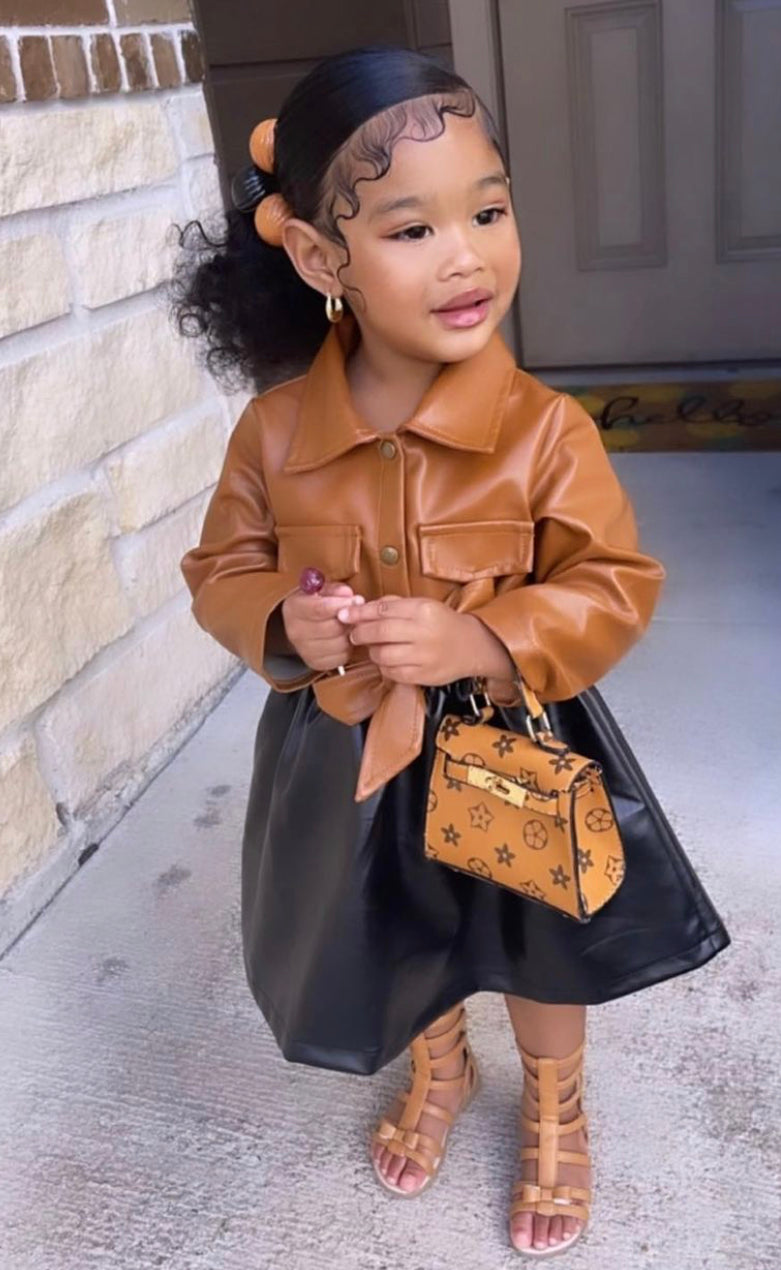 Pre Order Toddler Girl PU Leather Lapel Collar Dress