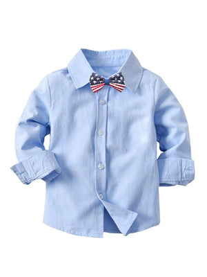 4-Piece Gentleman Style Blue Shirt with Bow Tie & Blue Suspender Trousers Set
