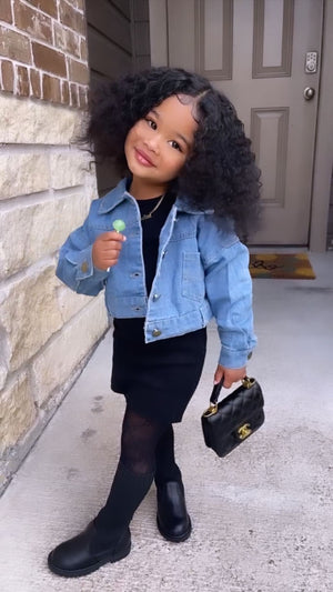 2-Piece Little Girl Black Dress And Denim Jacket – Kidz Slay Apparel 2-Piece Little Girl Black Dress And Denim Jacket – Kidz Slay Apparel