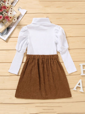 Little Girl White High Neck Top & Brown Skirt Set