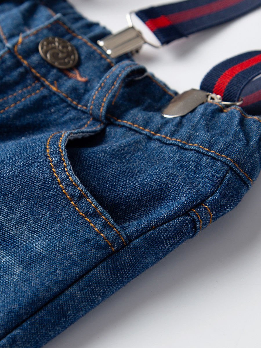 4-Piece British Style Toddler Boy Checked Short-sleeved Shirt With Bowtie & Denim Suspender Pants Set