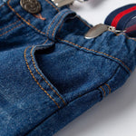 4-Piece British Style Toddler Boy Checked Short-sleeved Shirt With Bowtie & Denim Suspender Pants Set