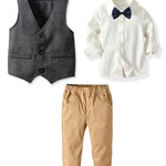 4-Piece British Style Little Boy  White Long Sleeve Shirt With Bowtie Vest & Khaki Pants Set