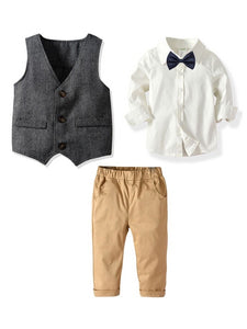 4-Piece British Style Little Boy  White Long Sleeve Shirt With Bowtie Vest & Khaki Pants Set