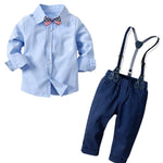 4-Piece Gentleman Style Blue Shirt with Bow Tie & Blue Suspender Trousers Set