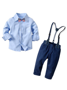 4-Piece Gentleman Style Blue Shirt with Bow Tie & Blue Suspender Trousers Set