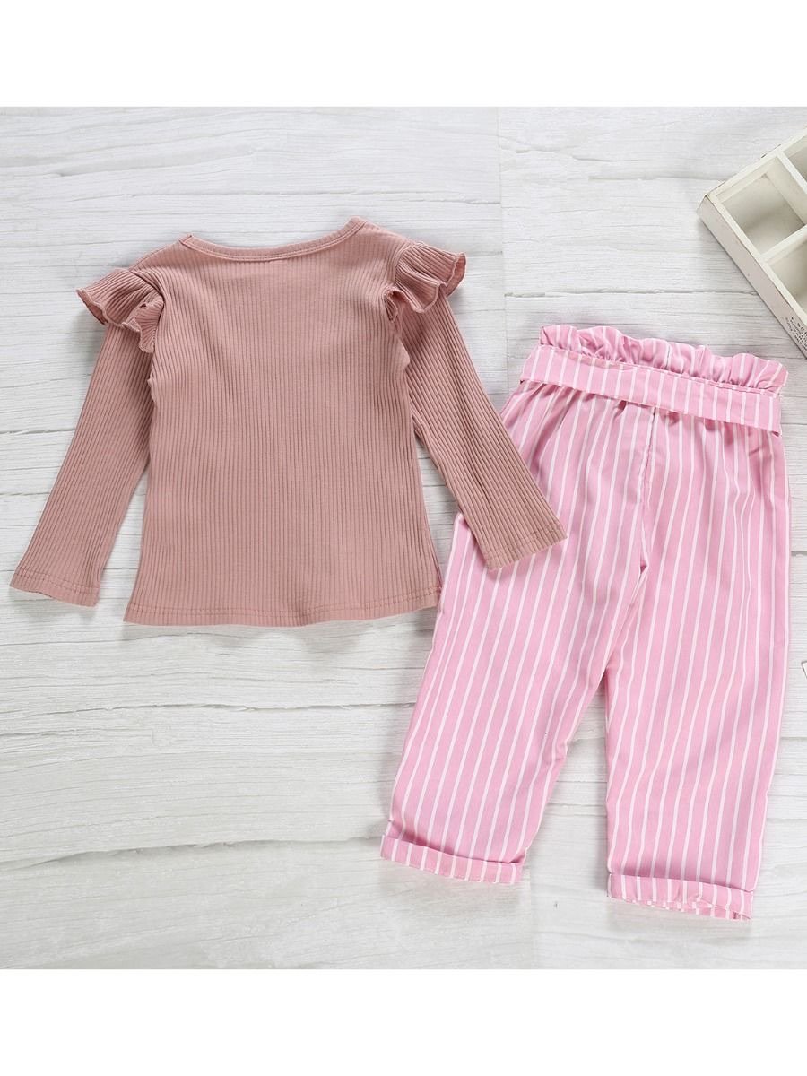 2-Piece Little Girl Flutter Sleeve Ribbed Sleeve Top & Stripe Waist Pants