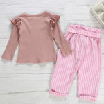 2-Piece Little Girl Flutter Sleeve Ribbed Sleeve Top & Stripe Waist Pants