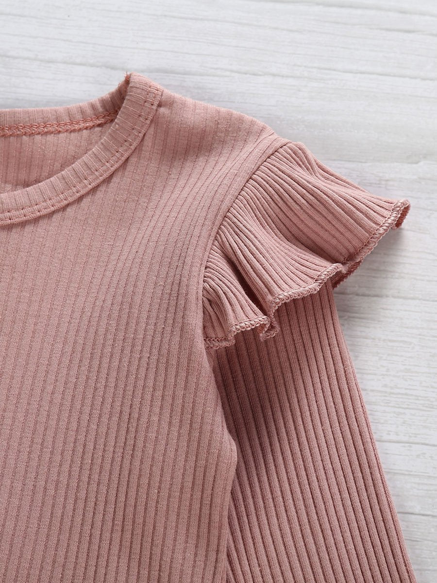 2-Piece Little Girl Flutter Sleeve Ribbed Sleeve Top & Stripe Waist Pants