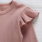 2-Piece Little Girl Flutter Sleeve Ribbed Sleeve Top & Stripe Waist Pants
