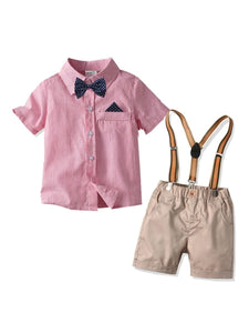4-Piece Toddler Boy Stripe Shirt with Bow Tie & Suspender Shorts Set