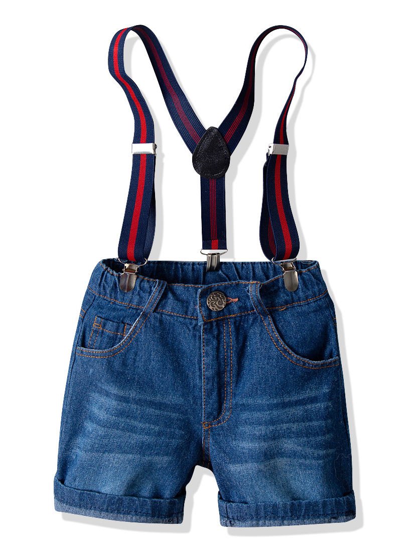 4-Piece British Style Toddler Boy Checked Short-sleeved Shirt With Bowtie & Denim Suspender Pants Set