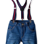 4-Piece British Style Toddler Boy Checked Short-sleeved Shirt With Bowtie & Denim Suspender Pants Set