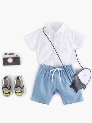 2-Piece Little Boy Solid Color Turn-down Collar Bodysuit & Matching Pull-on Shorts