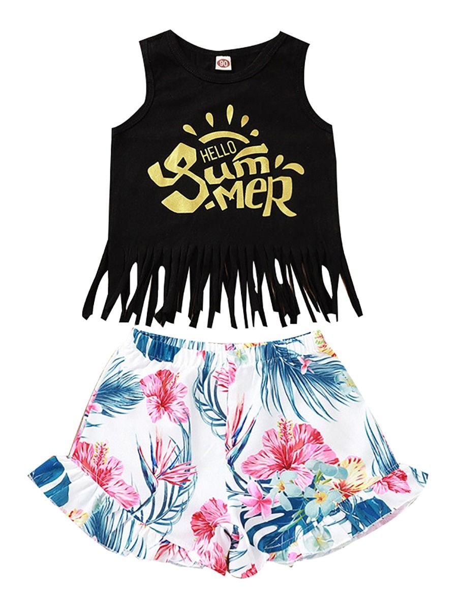 2-Piece Toddler Girl Hello Summer Tassel Tank Top & Flower Shorts