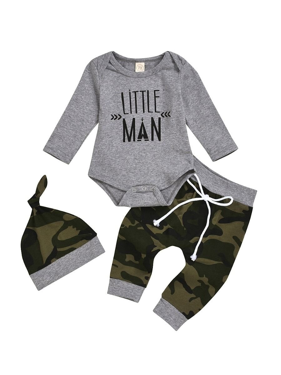 3-Piece Baby Boy Little Man Grey Onesie & Camo Pants & Hat Set