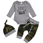 3-Piece Baby Boy Little Man Grey Onesie & Camo Pants & Hat Set