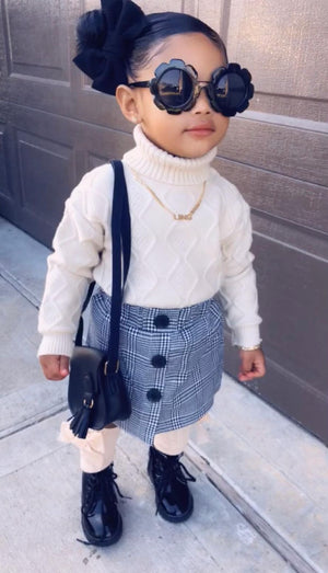 Toddler Girl Turtleneck Sweater And Button Plaid Skirt Outfit Set