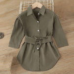 Toddler Girl Button Shirt Dress With Lace Up Belt