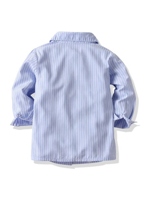 4-piece British Style Toddler Boy Striped Shirt Long Sleeve with Bow Tie & Suspender Casual Pants Set