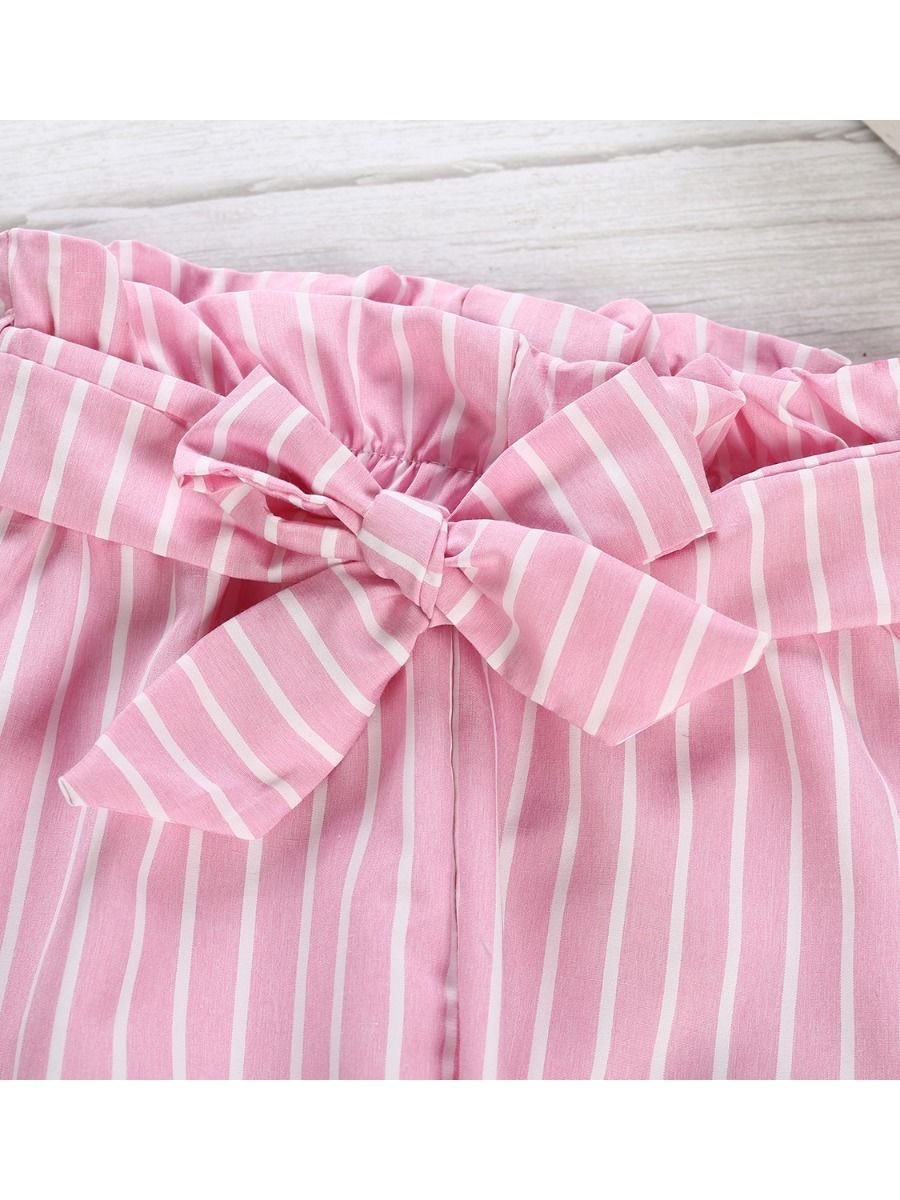 2-Piece Little Girl Flutter Sleeve Ribbed Sleeve Top & Stripe Waist Pants