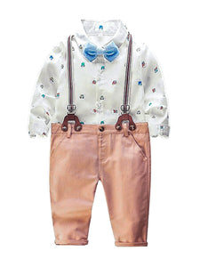 4-Piece Baby Boy Car Shirt with Bow Tie & Suspender Pants