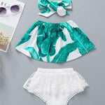 3-Piece Baby Girl Print Off Shoulder Top & White Lace Shorts Headband Set