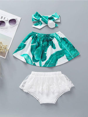 3-Piece Baby Girl Print Off Shoulder Top & White Lace Shorts Headband Set