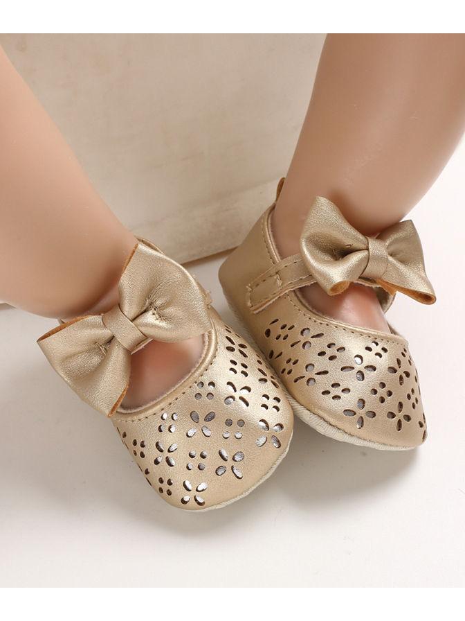 Baby Girl Pierced Big Bow Gold Shoes