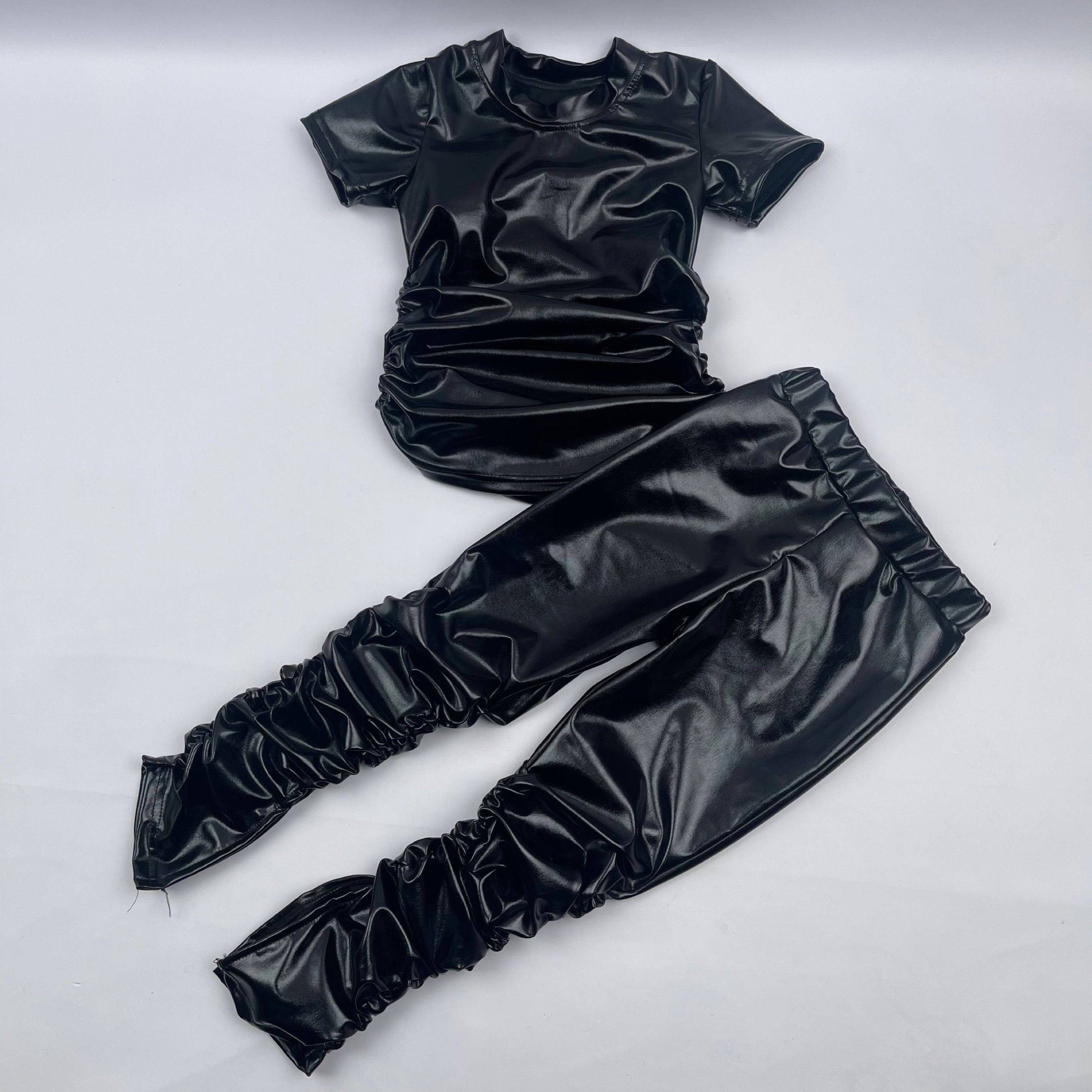 Toddler Girl Leather Top & Stack Pants Set Black