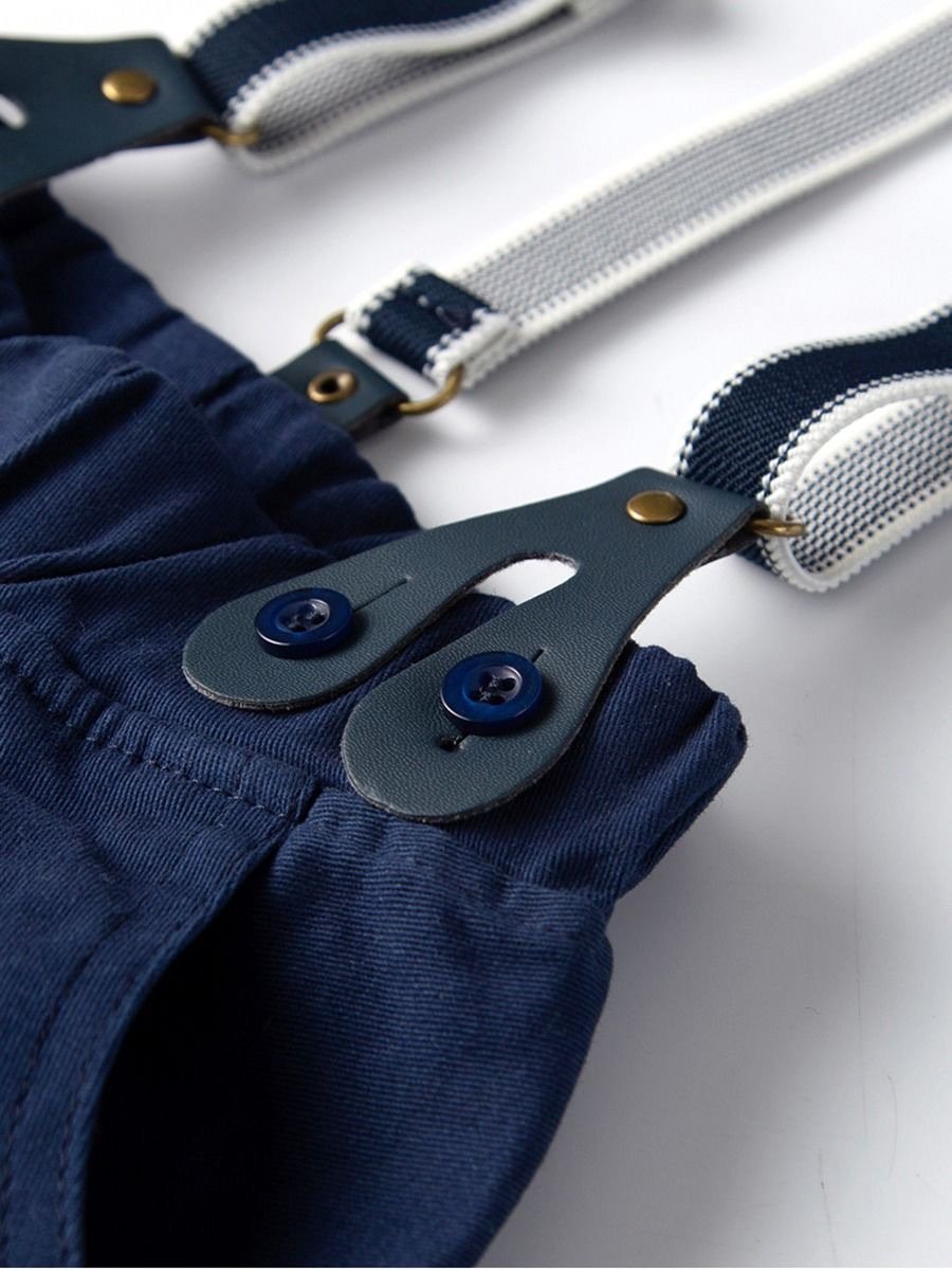 4-Piece Gentleman Style Blue Shirt with Bow Tie & Blue Suspender Trousers Set