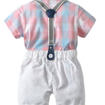 4-Piece British Style Baby Color Blocking Bodysuit Matching Bow Tie & White Suspender Shorts Set