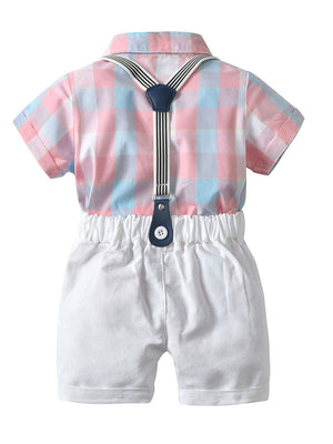 4-Piece British Style Baby Color Blocking Bodysuit Matching Bow Tie & White Suspender Shorts Set