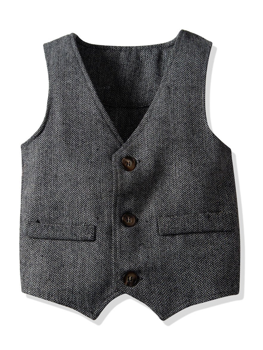 4-Piece British Style Little Boy  White Long Sleeve Shirt With Bowtie Vest & Khaki Pants Set