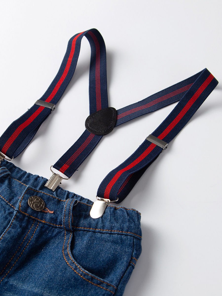 4-Piece British Style Toddler Boy Checked Short-sleeved Shirt With Bowtie & Denim Suspender Pants Set