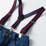 4-Piece British Style Toddler Boy Checked Short-sleeved Shirt With Bowtie & Denim Suspender Pants Set
