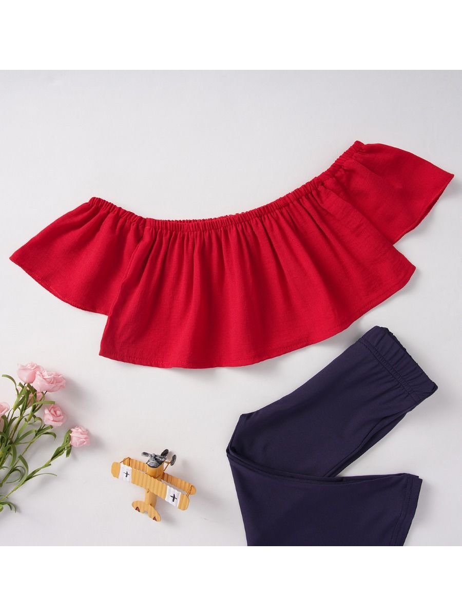 2-Piece Little Girl Off-Shoulder Top & Bell-bottomed Pants