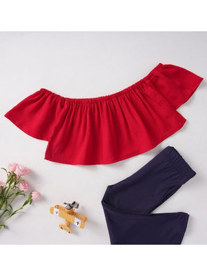 2-Piece Little Girl Off-Shoulder Top & Bell-bottomed Pants