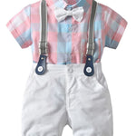 4-Piece British Style Baby Color Blocking Bodysuit Matching Bow Tie & White Suspender Shorts Set