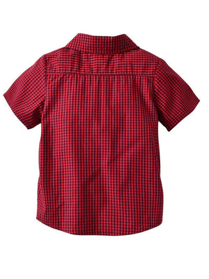 4-Piece British Style Toddler Boy Checked Short-sleeved Shirt With Bowtie & Denim Suspender Pants Set