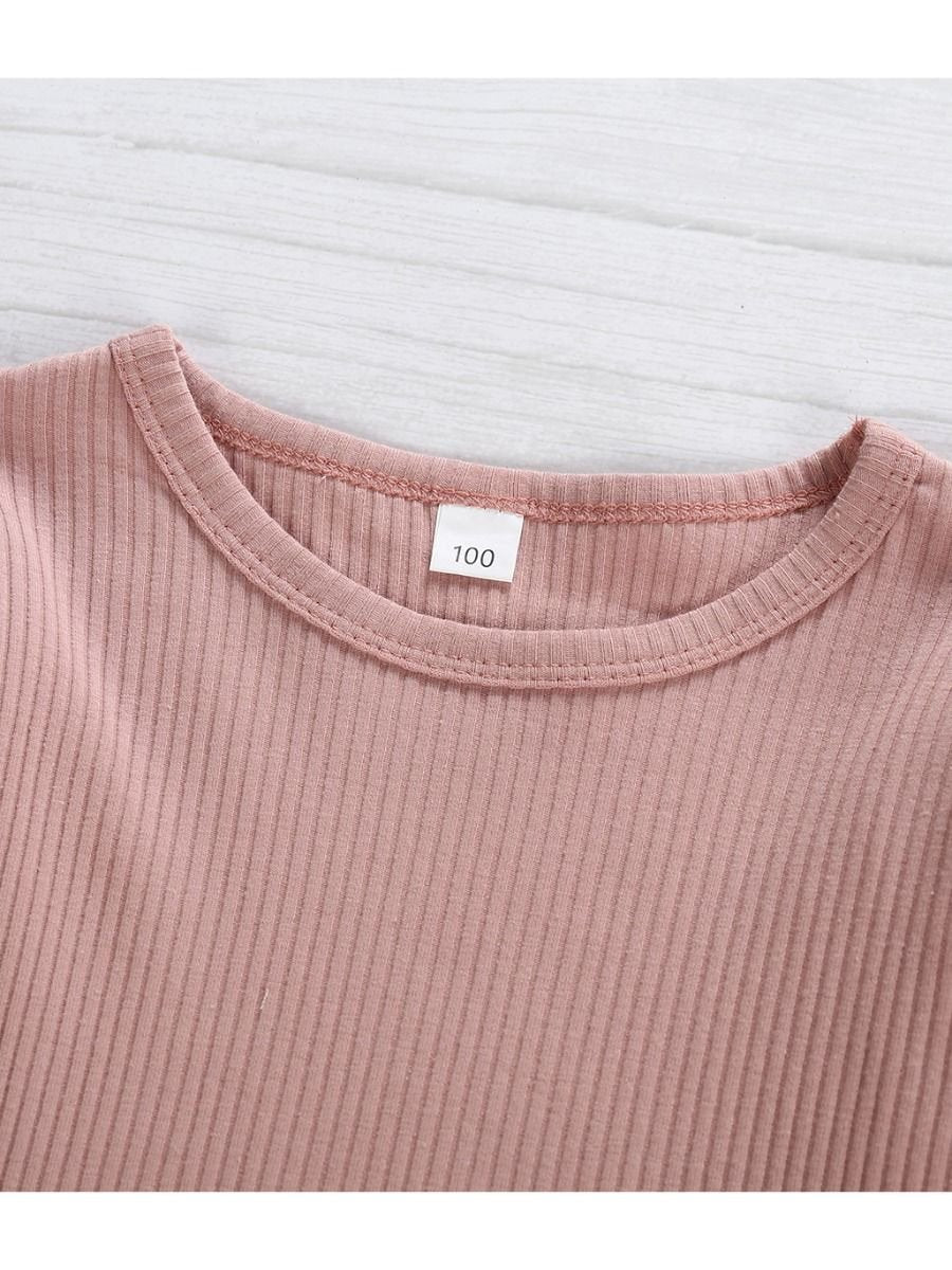 2-Piece Little Girl Flutter Sleeve Ribbed Sleeve Top & Stripe Waist Pants