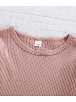 2-Piece Little Girl Flutter Sleeve Ribbed Sleeve Top & Stripe Waist Pants