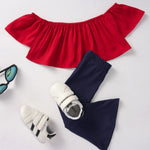 2-Piece Little Girl Off-Shoulder Top & Bell-bottomed Pants