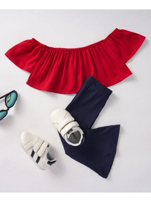 2-Piece Little Girl Off-Shoulder Top & Bell-bottomed Pants
