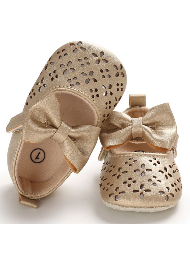 Baby Girl Pierced Big Bow Gold Shoes