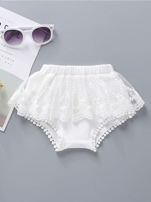 3-Piece Baby Girl Print Off Shoulder Top & White Lace Shorts Headband Set