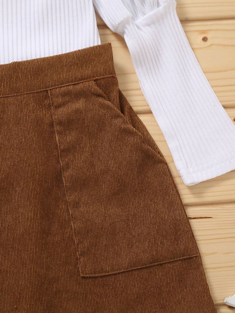 Little Girl White High Neck Top & Brown Skirt Set