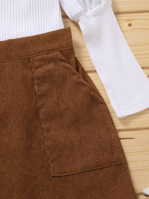 Little Girl White High Neck Top & Brown Skirt Set